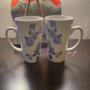 Blue flower white coffee mug set of two